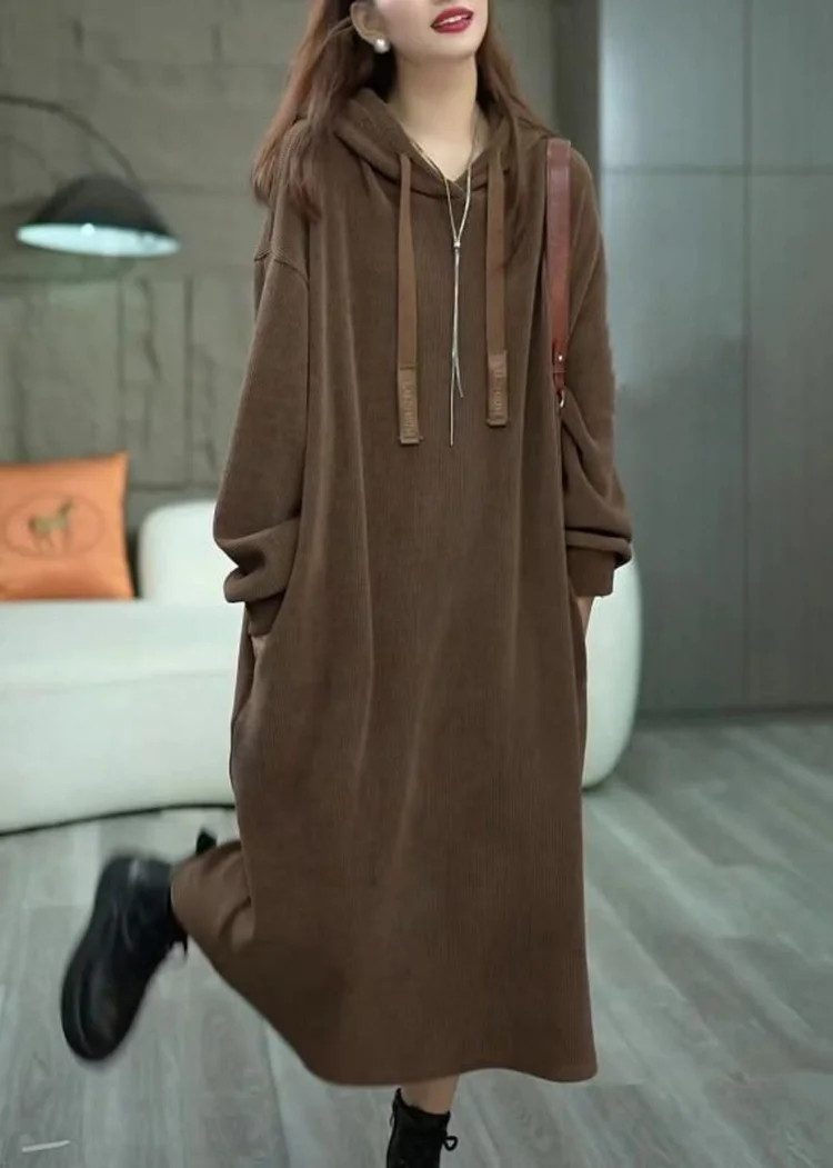 Loose Coffee Hooded Pockets Solid Cotton Long Dress Winter