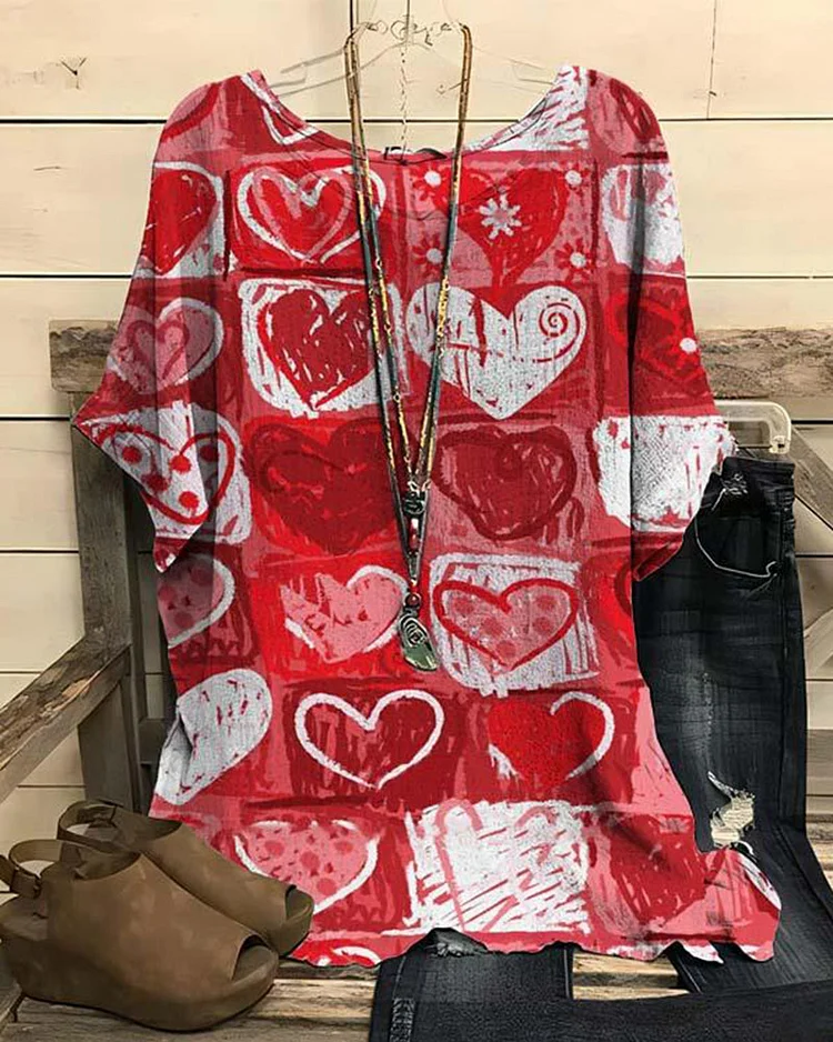 Women's Casual Red Love Printed Short Sleeve T-Shirt