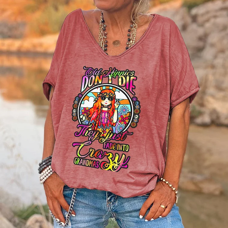 Old Hippies Don't Die Printed V-neck Women's T-shirt