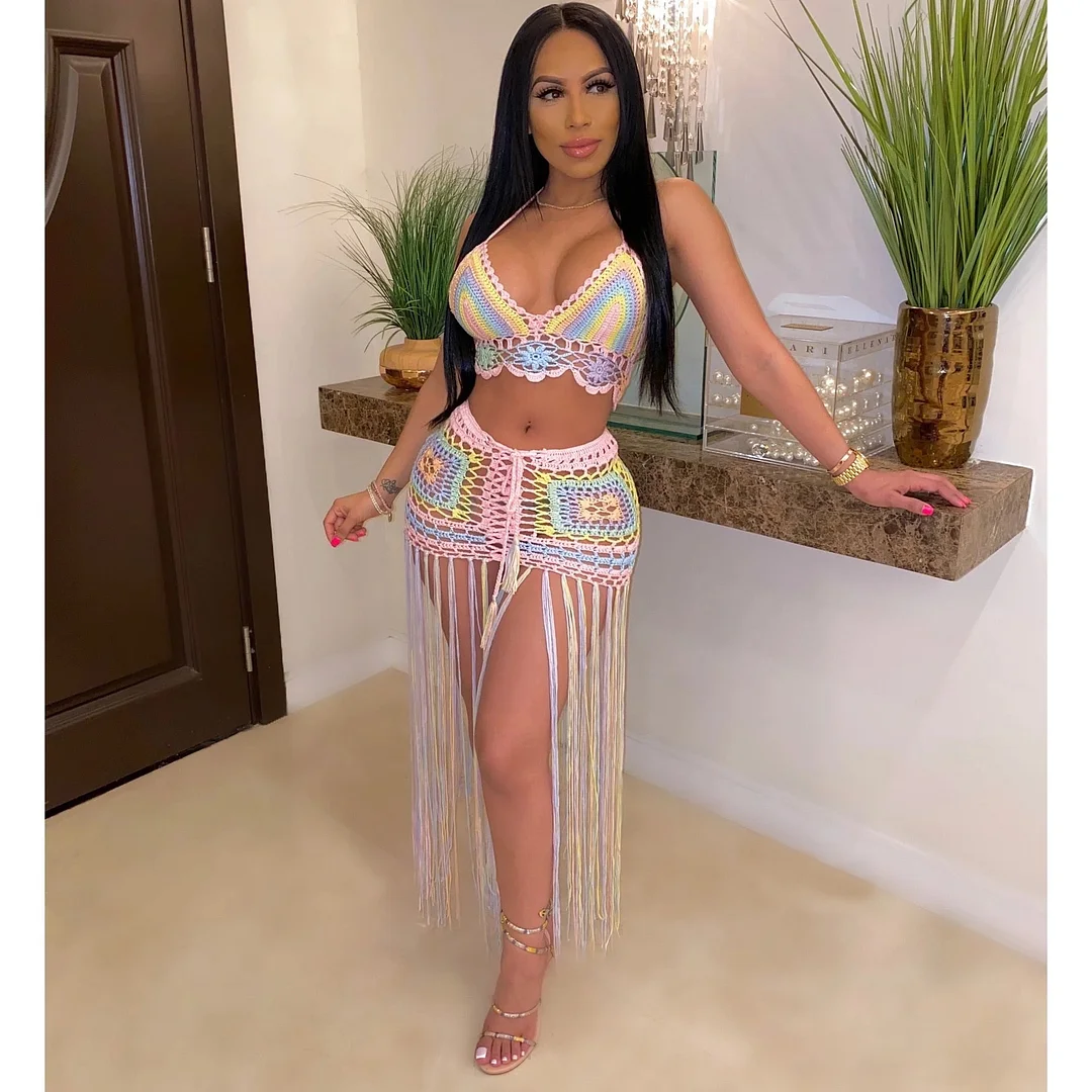 ANJAMANOR Sexy Crochet Tassel Two Piece Skirt Set Beach Dress Suit Summer Outfit Womens 2022 2 Piece Matching Sets D48-EG26