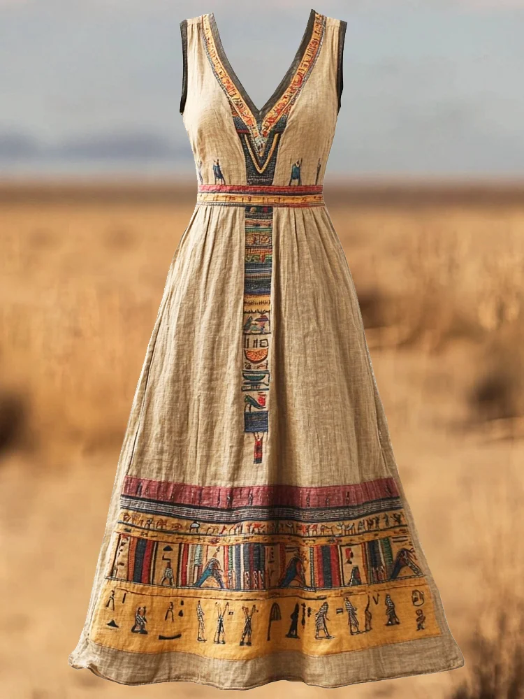 Egyptian Elements Printed Women's Linen V-neck Maxi Dress