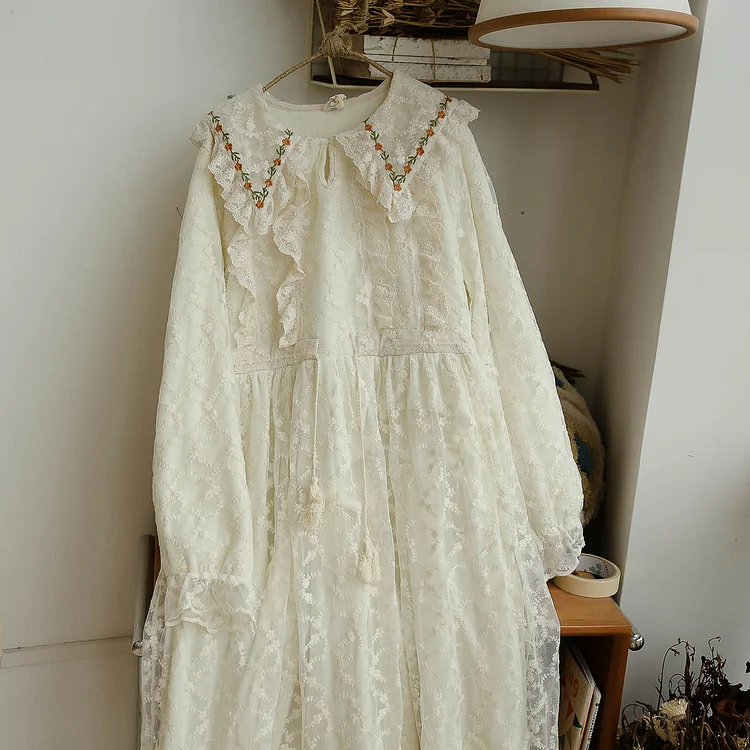 Fairy Tales Aesthetic Soft Fleece Lined Lace Embroidered Dress QueenFunky