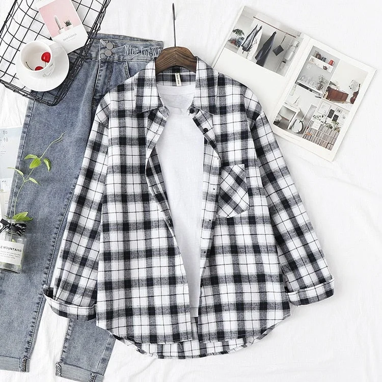 2021 New Loose Design Cotton Plaid Shirt Women Young Style Long Sleeve Blouses Casual Shirts Lady Tops Clothes Blusas