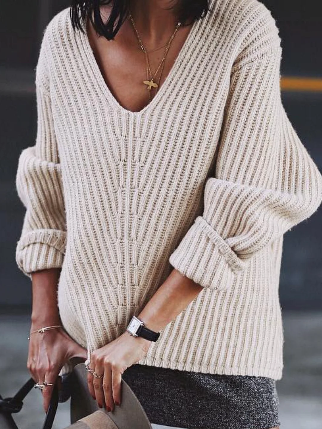 Knitted Casual V Neck Solid Sweater | EGEMISS