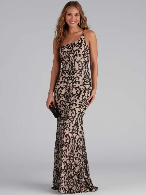 Women chic sequin sexy slash shoulder formal party evening dress