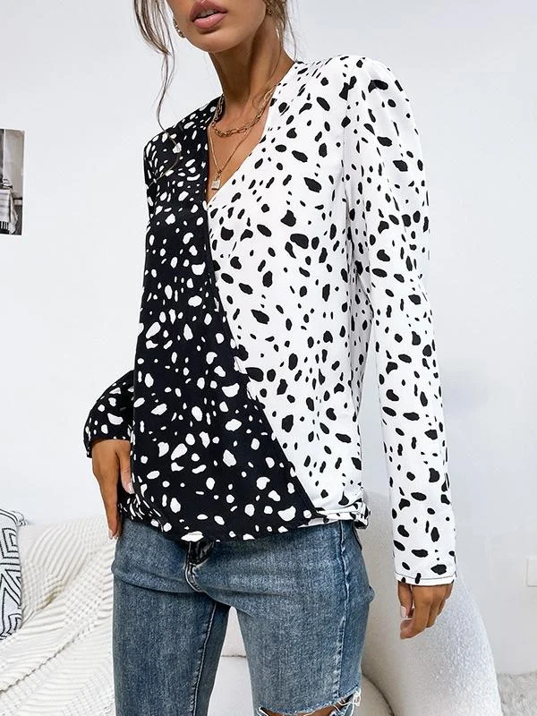 Women's Long Sleeve V-neck Polka Dot Colorblock Stitching Top