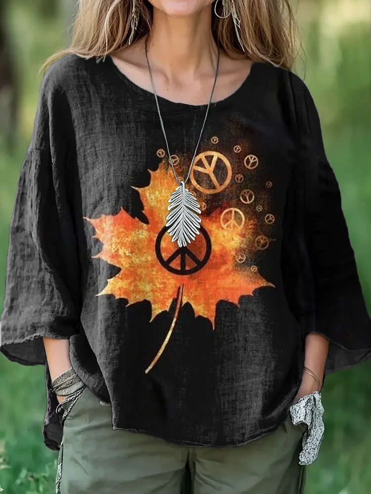 Women's Hippie Maple Leaf Art Print Casual Cotton and Linen Shirt