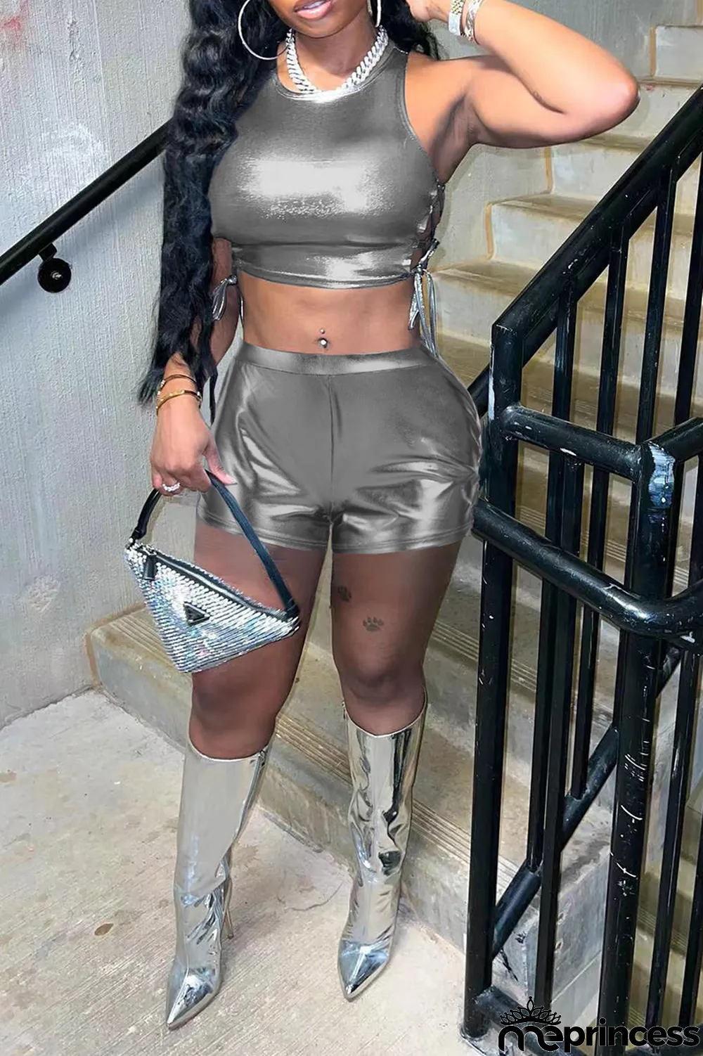 Blue Sexy Solid Bronzing Draw String O Neck Sleeveless Two Pieces