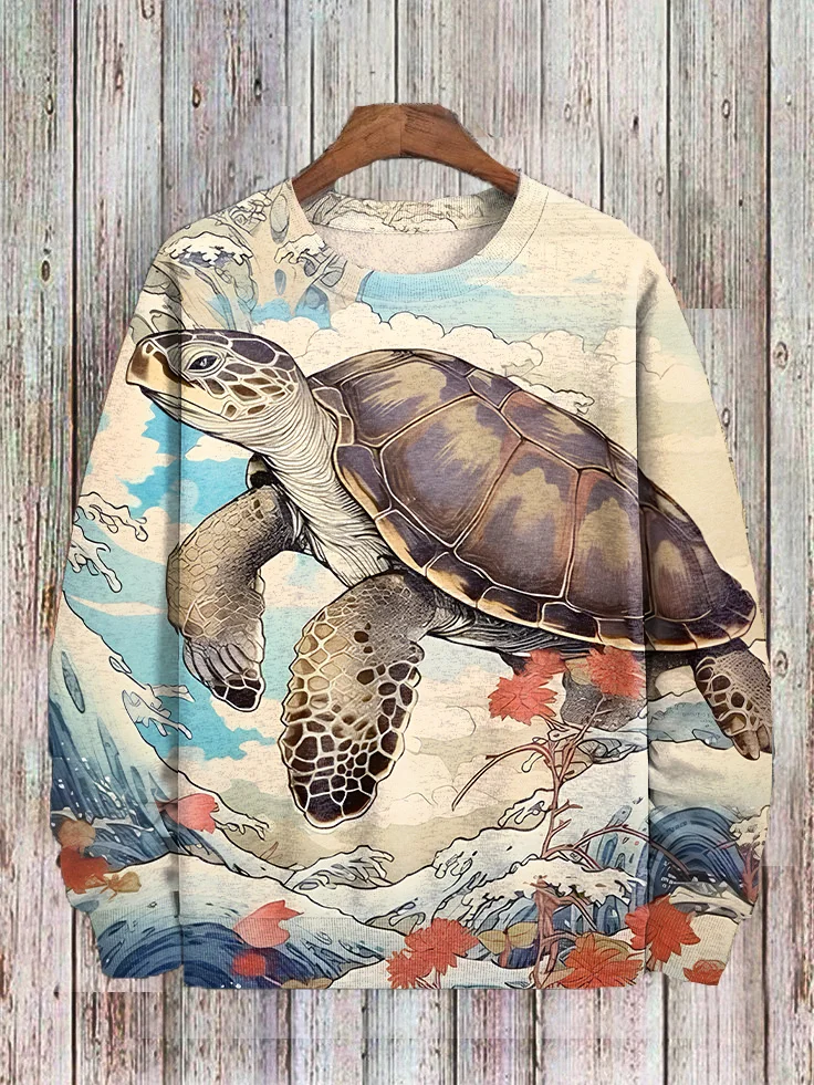 Men's Japan Art Sea Wave Turtle Illustration Print Casual Sweatshirt