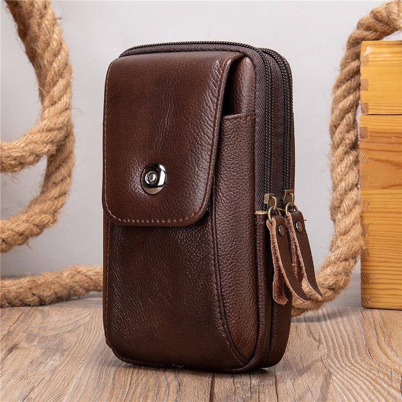 Grain Textured Style Genuine Leather Multiple Compartment Card Slot Magnetic Closure Belt Bag