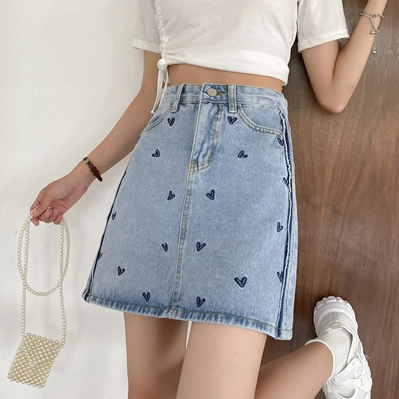 Toloer VAREY LIN New Summer Casual Female High Waist A-line Ladies Jeans Mini Skrit Women Retro Heart Print Blue Denim Short Skirts