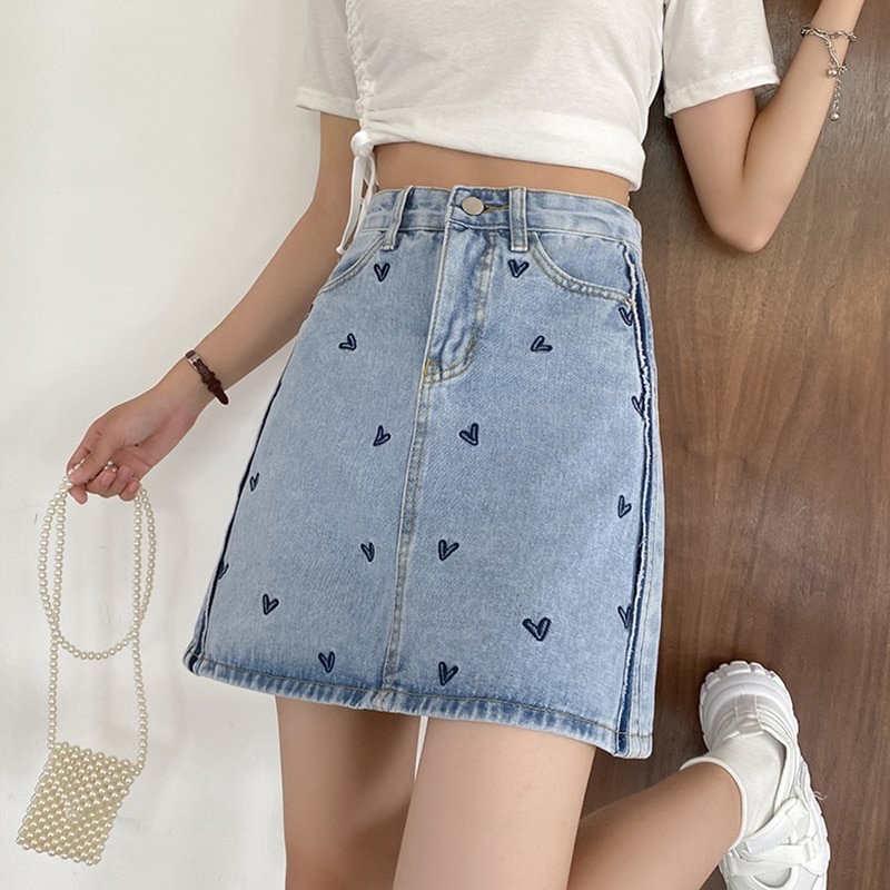 Toloer VAREY LIN New Summer Casual Female High Waist A-line Ladies Jeans Mini Skrit Women Retro Heart Print Blue Denim Short Skirts
