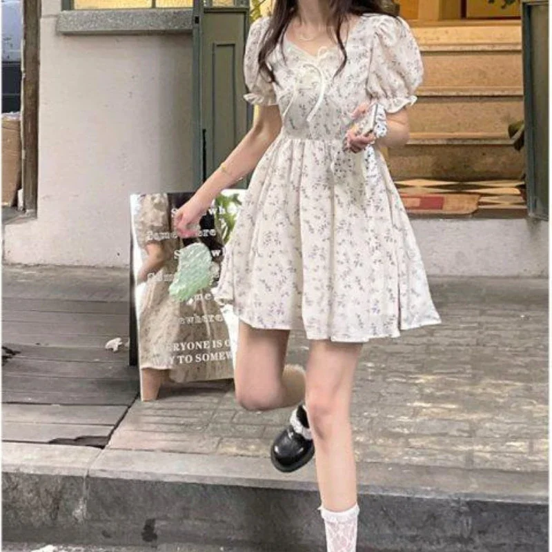 Jangj Bow French Puff Sleeve Floral Chiffon Dress 2022 Sweet Style Dress for Female V-neck Short Sleeve Dress Mori's Girl Dress