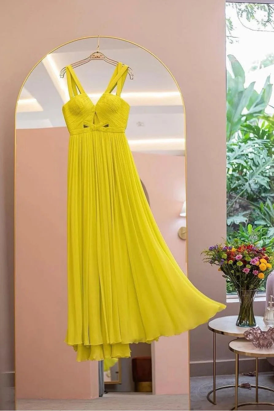 Miabel Simple Chiffon Sleeveless Spaghetti Strap Long Prom Dress with Pleated 