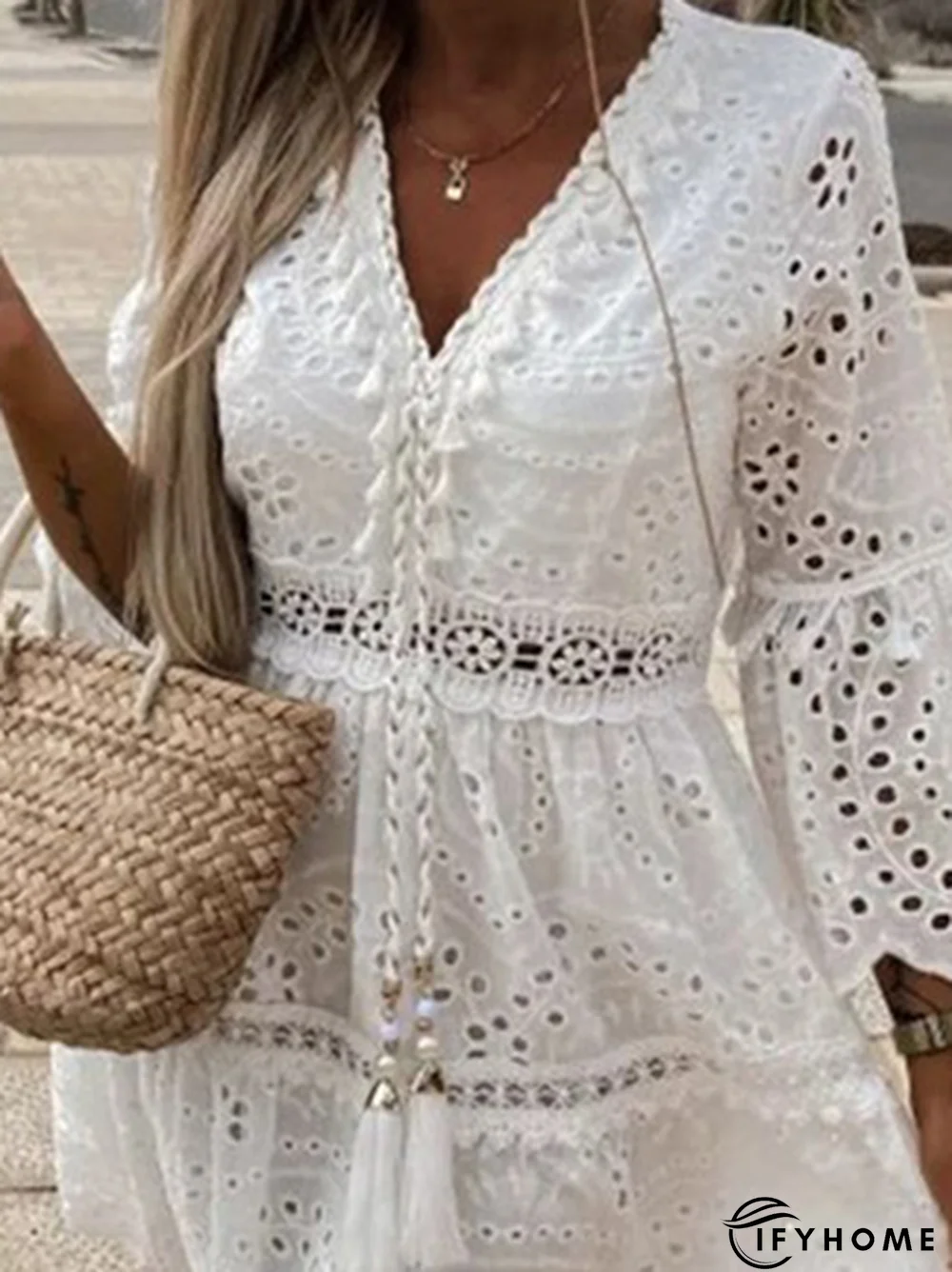 Plain Tassel V Neck Vacation Lace Hollow out Dress | IFYHOME