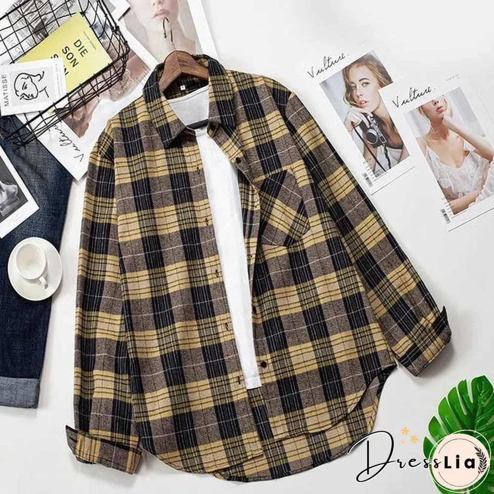 Plaid Shirts Womens Blouses Long Sleeve Lady Checked Tops Loose Female Outwear Casual