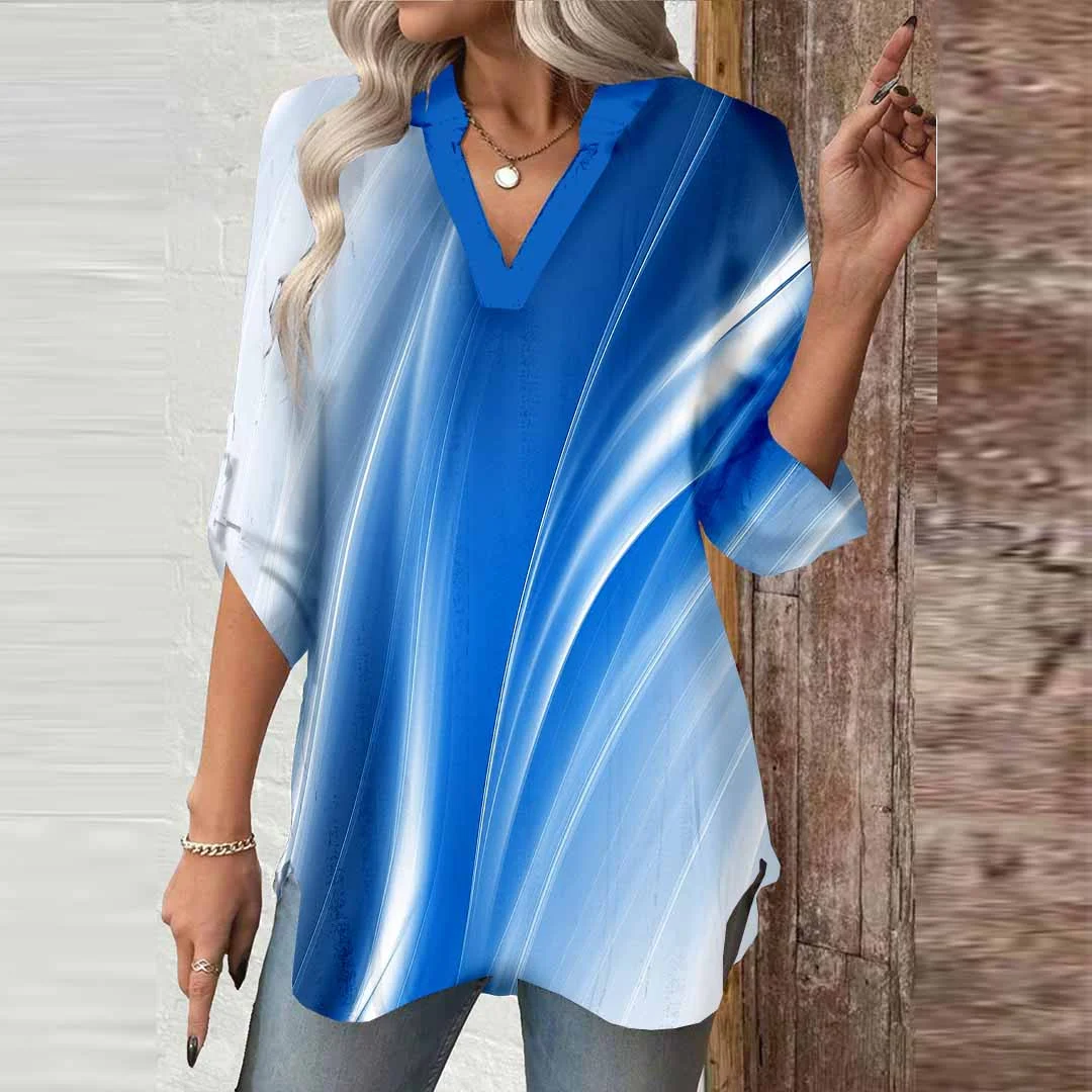 Women Geometric,Blue DZGA0676 3/4 Sleeve V-neck Printed Graphic Button Tops