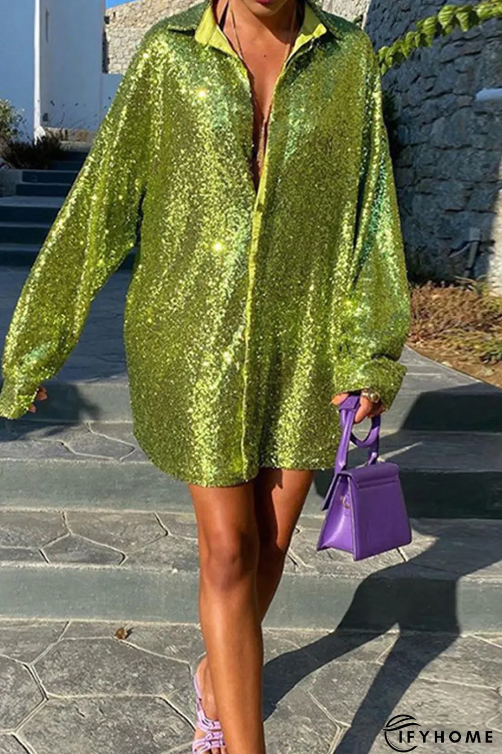 Casual Solid Sequins Shirt Dress Dresses(3 colors) | IFYHOME