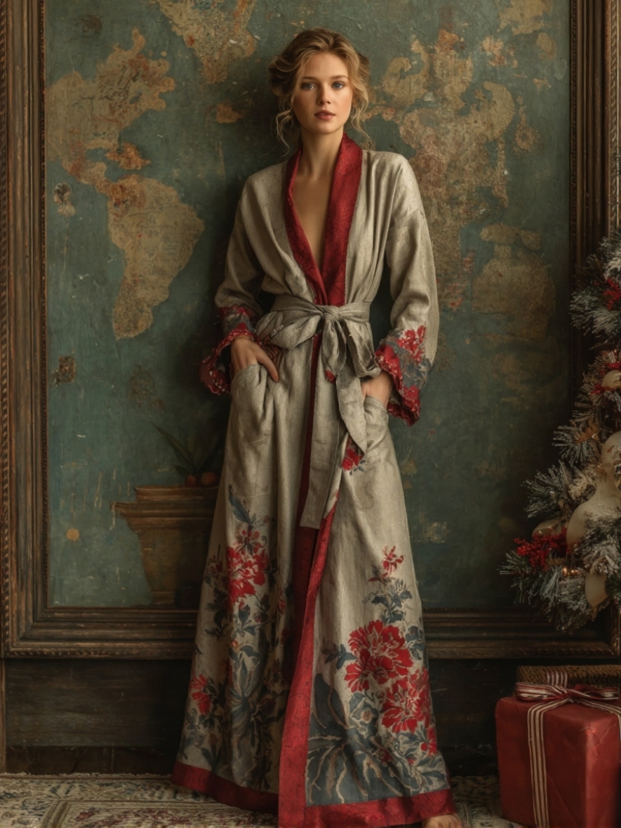Elegant and comfortable cotton Christmas-themed robe (with belt)