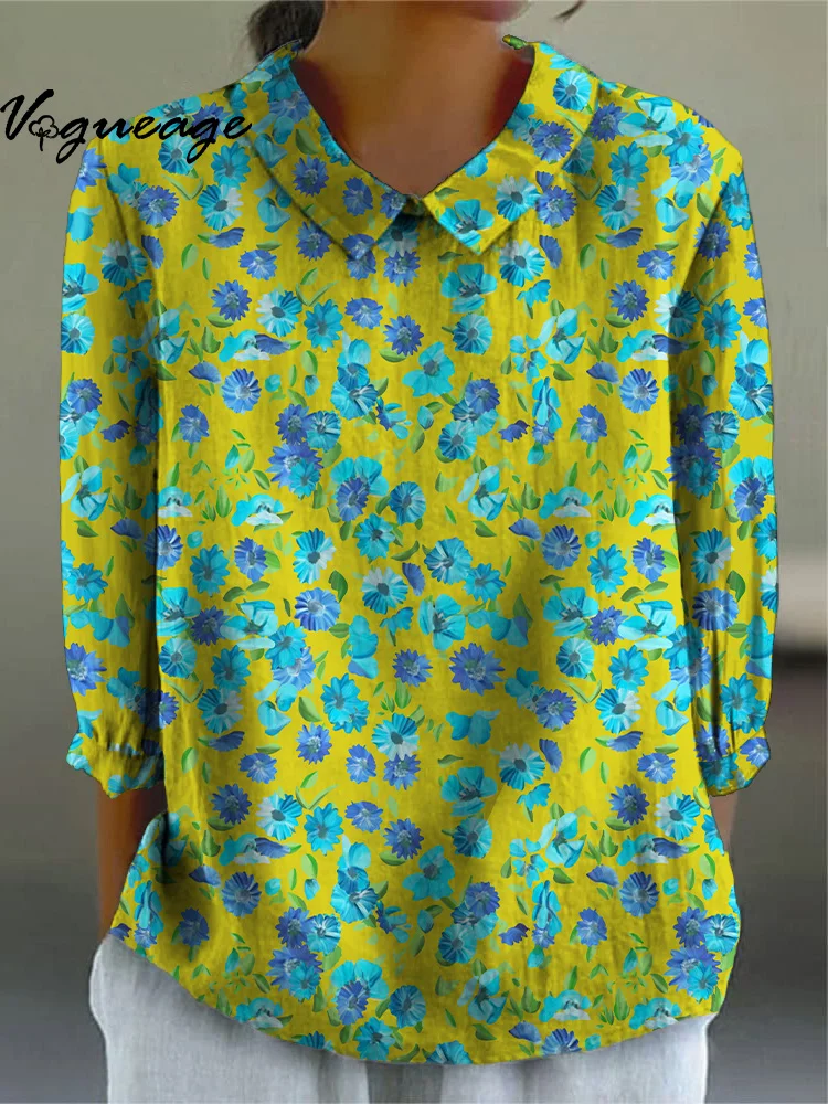 Bright Cheerful Elegant Plants Printed Cotton And Linen Women Shirt
