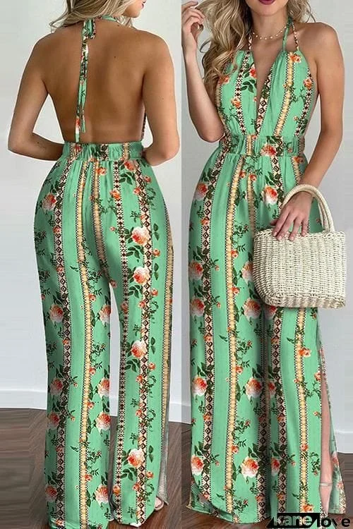 Floral Print Backless Slit Slip Jumpsuits