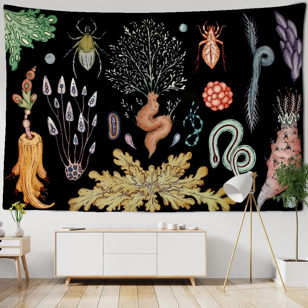 Plant Cactus Tapestry Wall Hanging Psychedelic Witchcraft Moon Starry Sky Mushroom Illustration Hippie Boho Style Home Decor