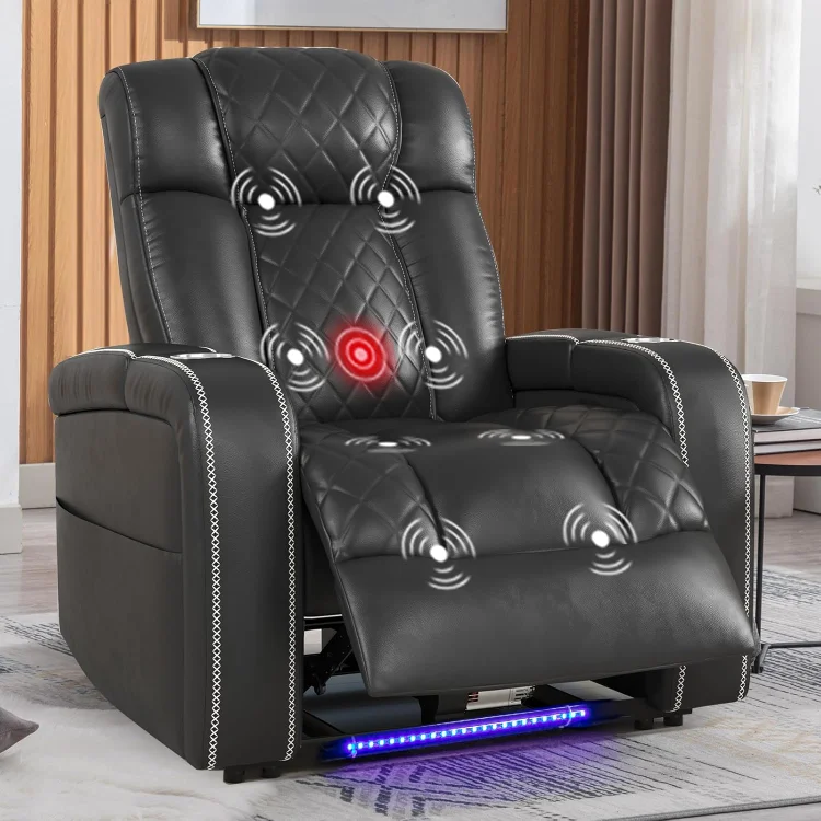 Bestier 34 in. Black Leather Suede Power Recliner Chair with 8-Vibration Massage Point Zero Gravity Recliner with LED and USB
