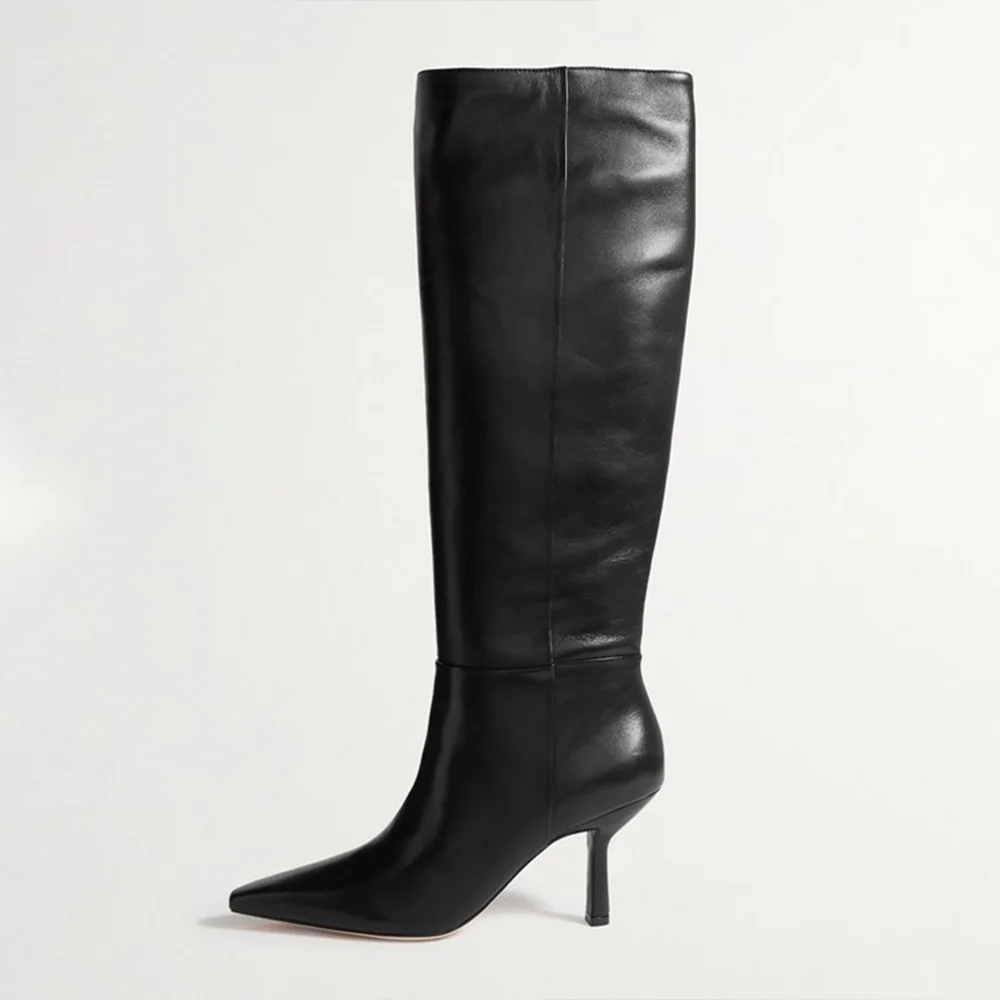 Black Pointed Toe Below-the-knee Heeled Dress Boots for Women Nicepairs