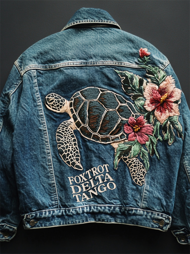 Comstylish Foxtrot Data Tango Gulf Of Mexico Turtle Floral Embroidered Denim Jacket