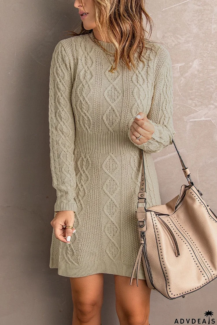 Beige Ribbed Waistband Knit Cable Pattern Sweater Dress