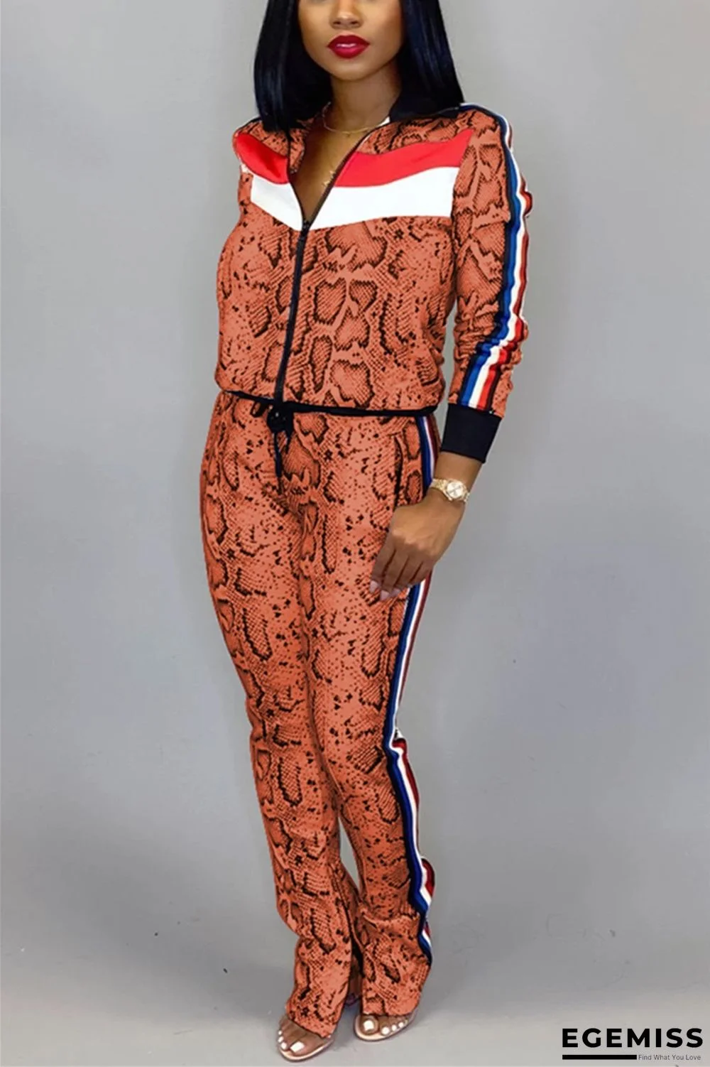 Orange Autumn And Winter Ladies Snake Print Long Sleeve Sports Two Piece Suit | EGEMISS