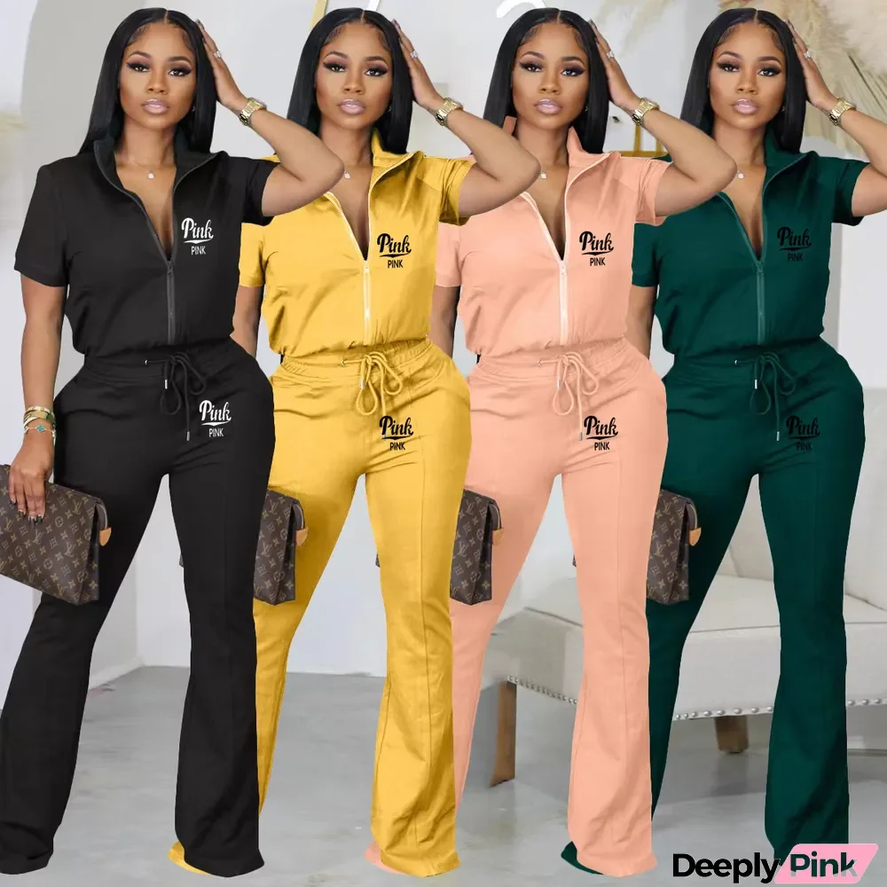 Short Sleeve Zipper Jacket Flared Pants Casual Two-piece Set