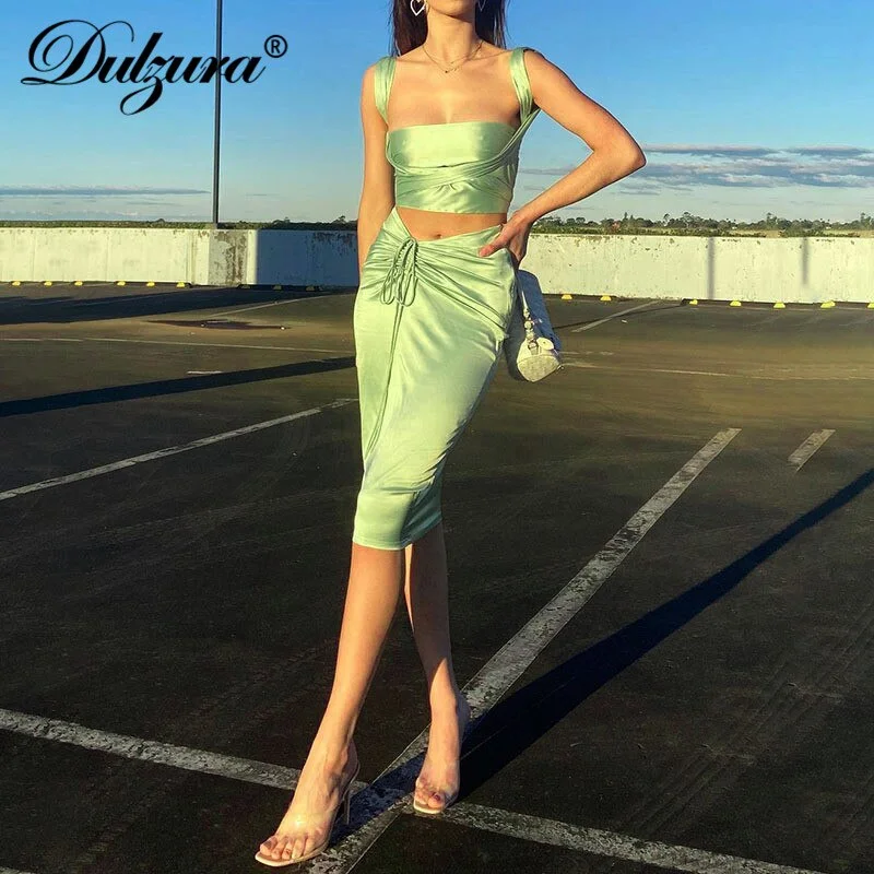 Dulzura Satin Women Two Piece Set Lace Up Bandage Crop Top Strap Camis Ruched Drawstring Midi Skirt Elegant Party 2021 Summer