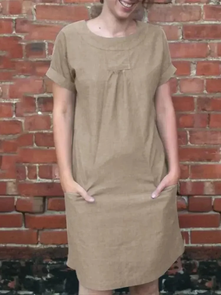 Women's Loose Solid Color Pocket Short Sleeved Round Neck Midi Dress