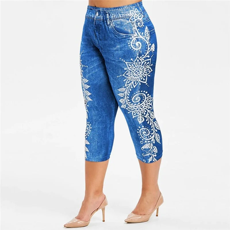 Printed False Denim Short Leggings 3\4 Women Jeans Leggings High Waist Breeches Capri Pants Super Elastic Jeggings