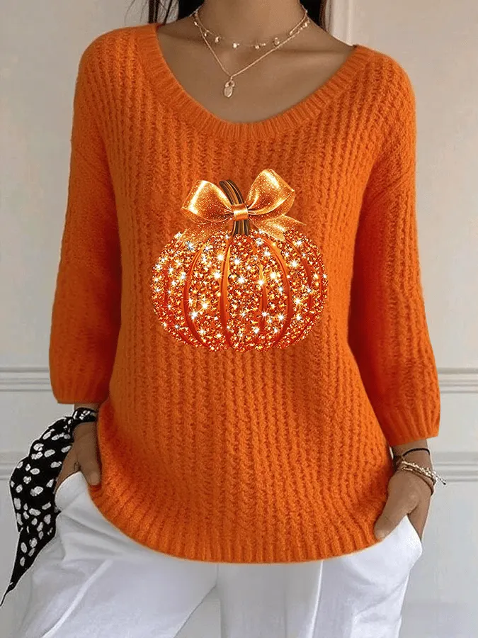 Women's Autumn Sequined Pumpkin Crew Neck Sweater 