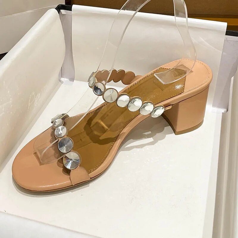 Nude Rhinestone Sandals Woman Open Toe Diamond Double Belts Square High Heels Lady Party Shoes
