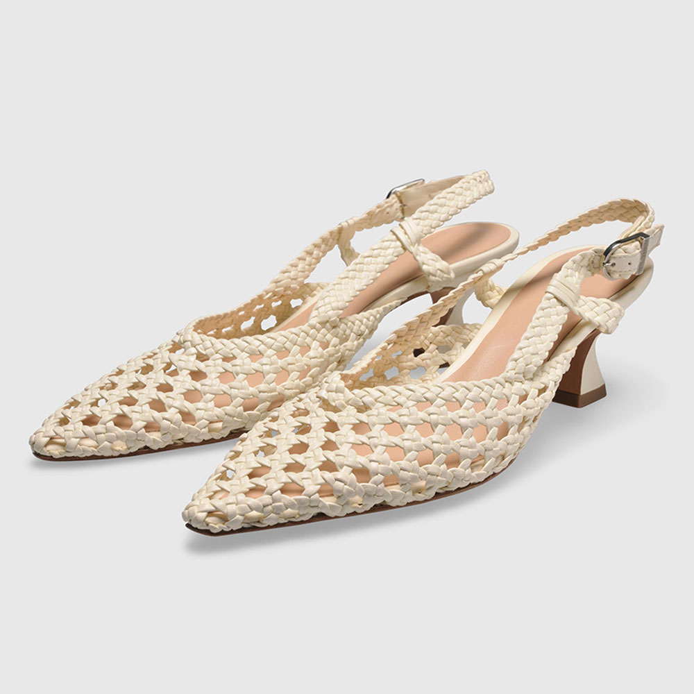 Beige Pointed Toe Hollow-Out Woven Slingback Heeled Sandals for Women Nicepairs