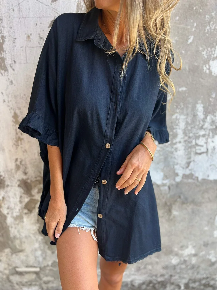 Cotton and Linen Fungus Hem Design Shirt