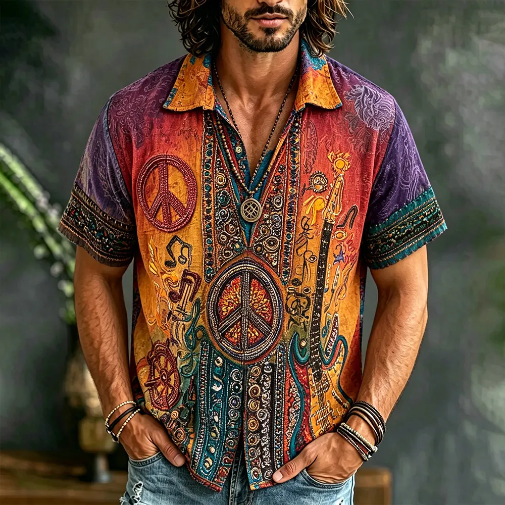 Comstylish Retro Hippie Peace Sign Embroidered Short Sleeve Button Down Shirt, Boho Music Guitar Print Vintage Washed Linen Shirt For Men