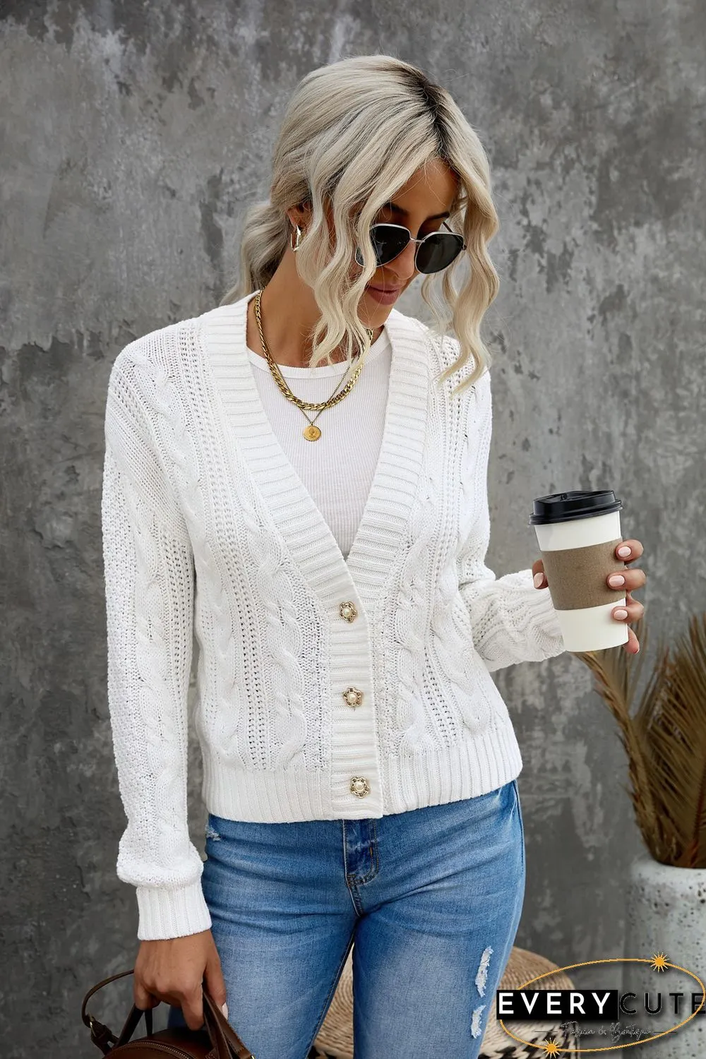 White Buttons Weave Knit Cardigan