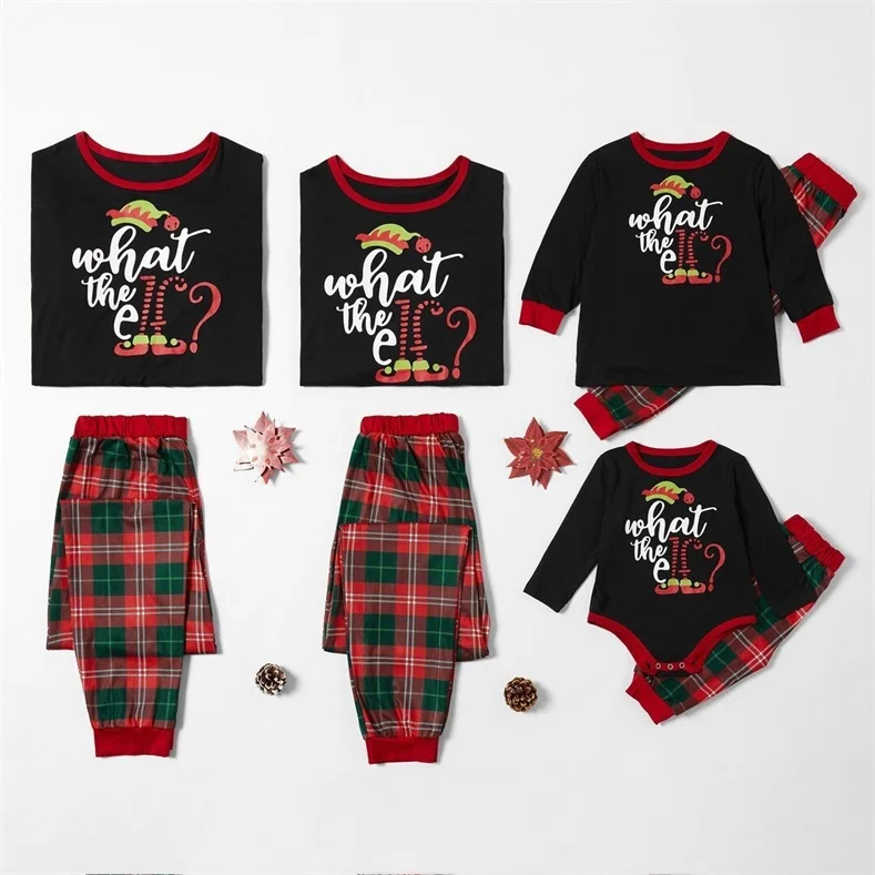 Christmas Elf Print Buffalo Plaid Family Matching Pajamas Sets (with Pet Dog Clothes)