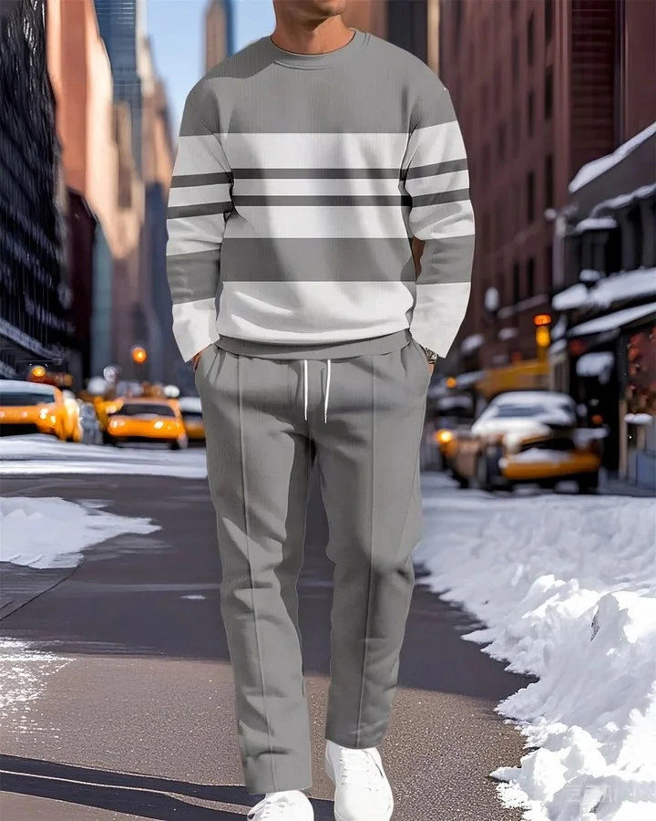 Men's Simple Color-block Stripe Print Round Neck Sweatshirt Two-piece Set