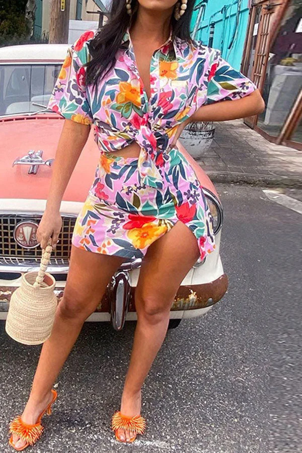 Floral Print Tropical Side Split Skirt Suit