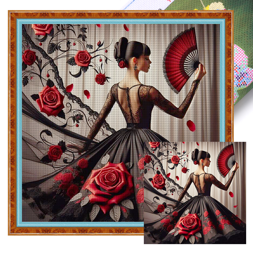 Rose Girl Holding A Fan Full 11CT Pre-stamped Canvas(45*45cm) Cross Stitch
