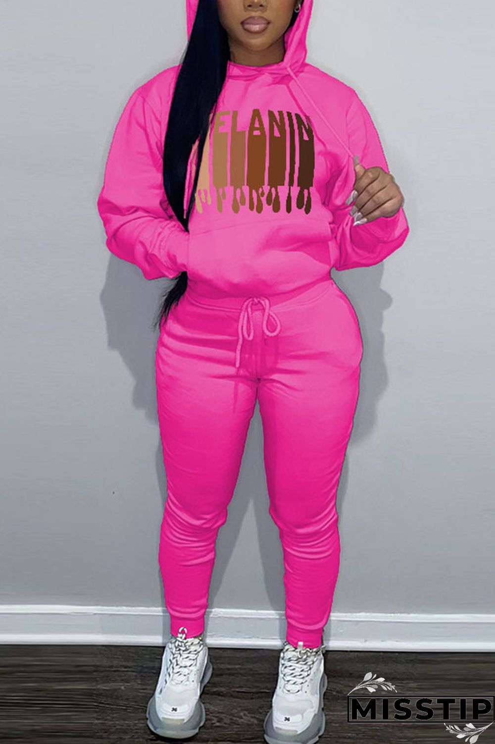 Brown Casual Print Patchwork Hooded Collar Long Sleeve Two Pieces