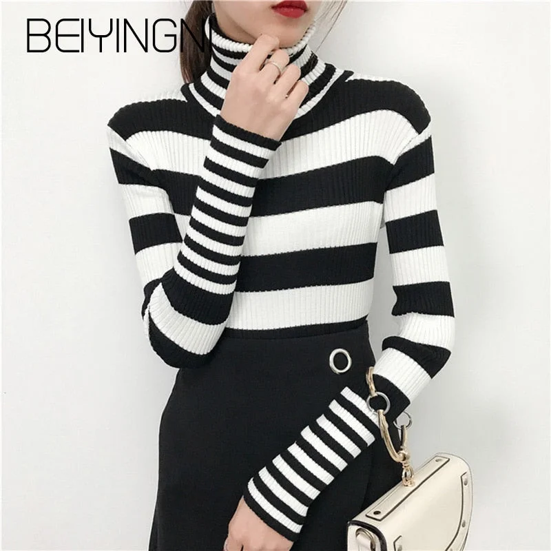 Beiyingni White Black Striped Sweaters for Women Harajuku Vintage Friends Knit Turtleneck Pullover Female Autumn High Street Top