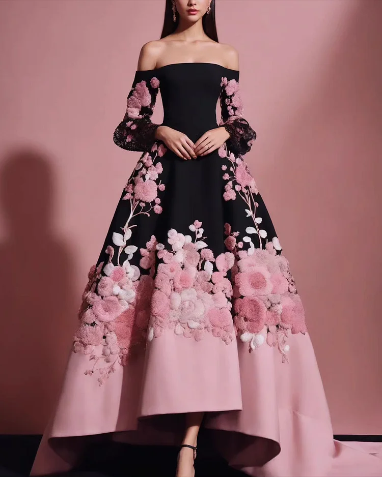 Women's Off-the-shoulder Long-sleeved Embroidered Dress