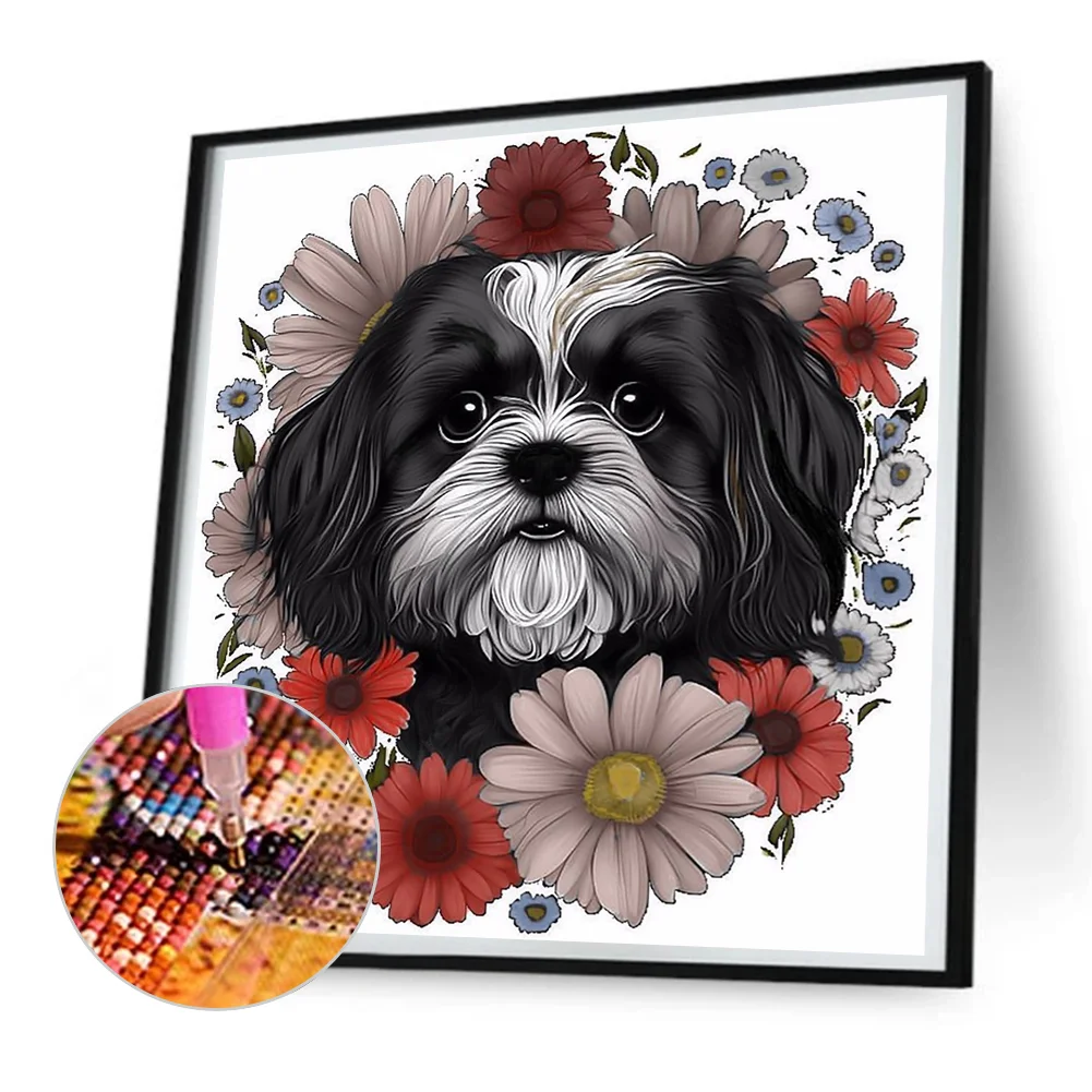 Diamond Painting - Full Round Drill - Flower Dog(Canvas|30*30cm)
