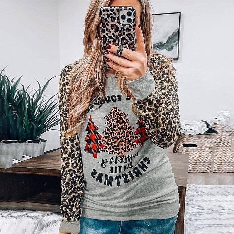 New Autumn Woman Tshirts Leopard Stitching Clothes Long Sleeve Christmas Print Tree Streetwear Women's Tops Fall Clothing 2020